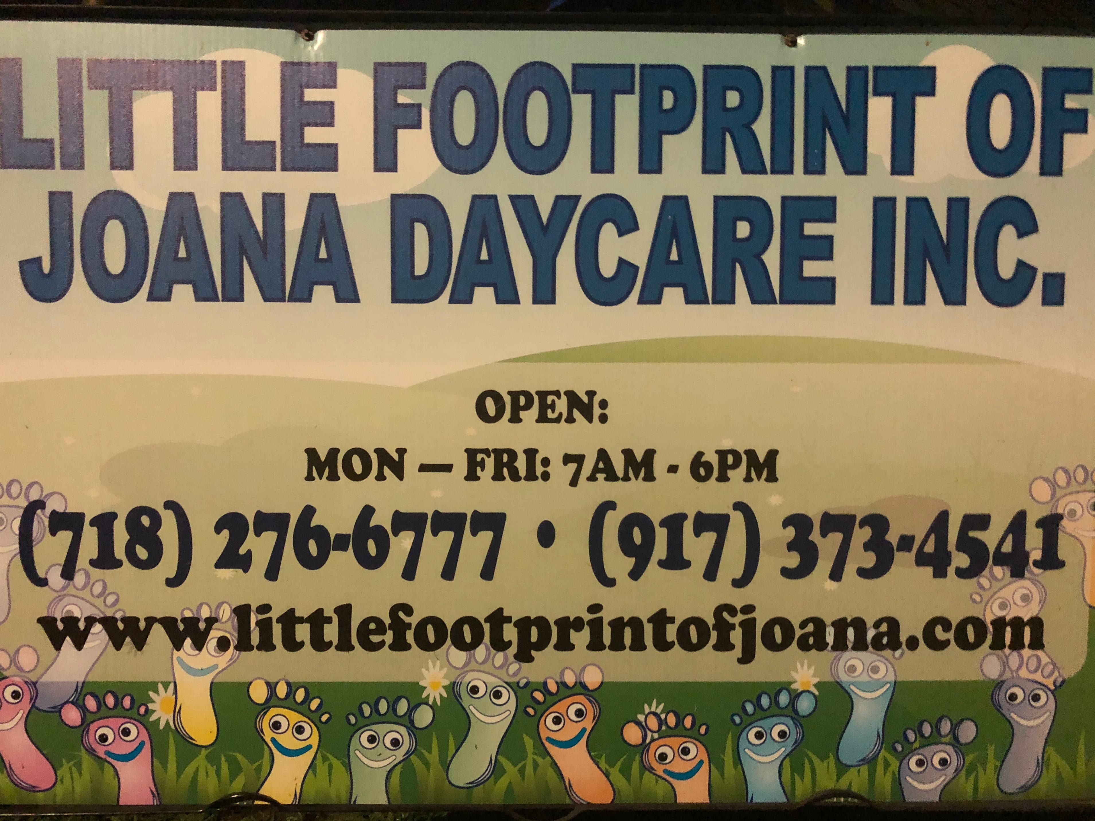 Little Foot Print of Joana Daycare sign with contact information