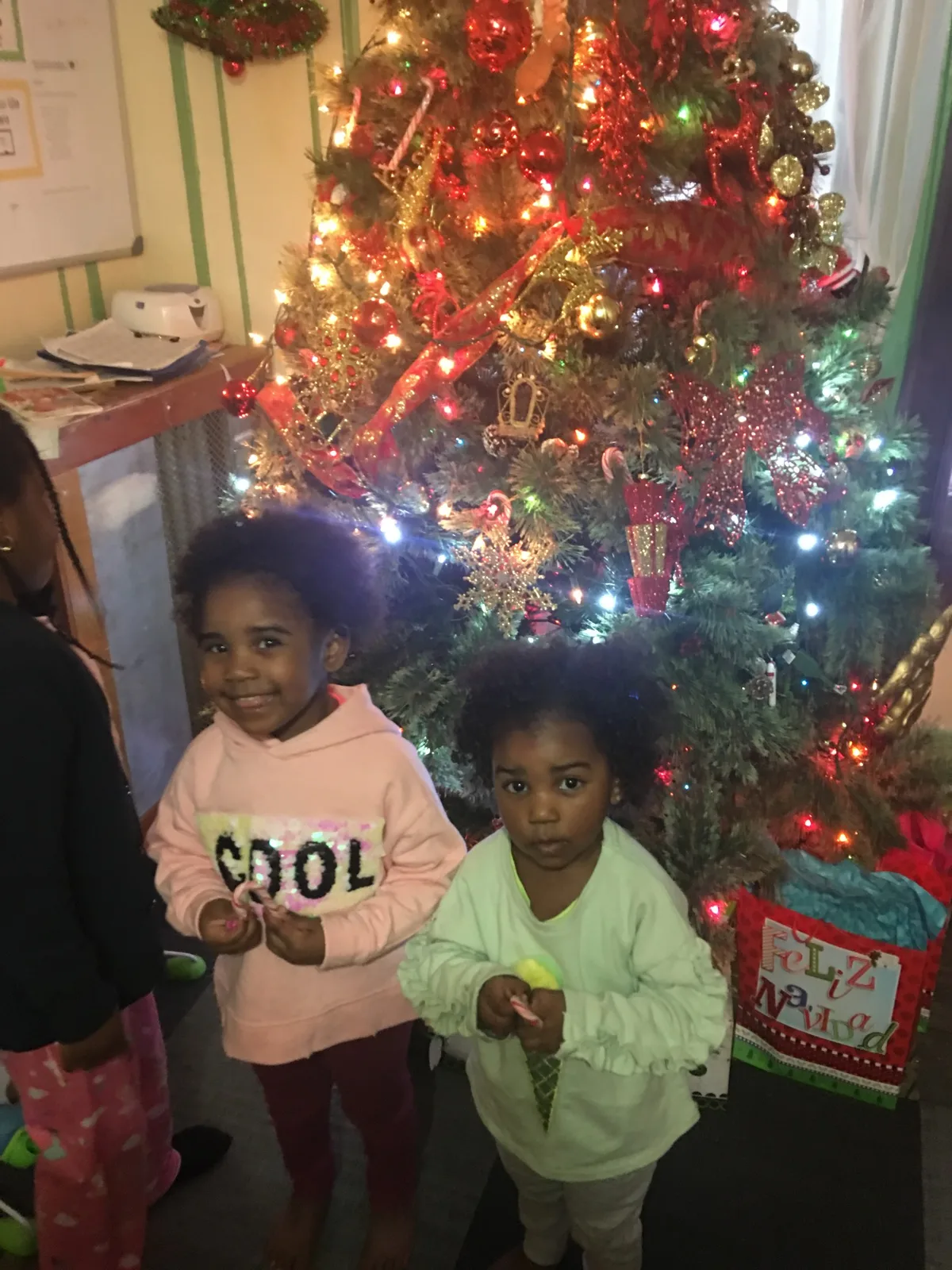Children standing near a holiday tree